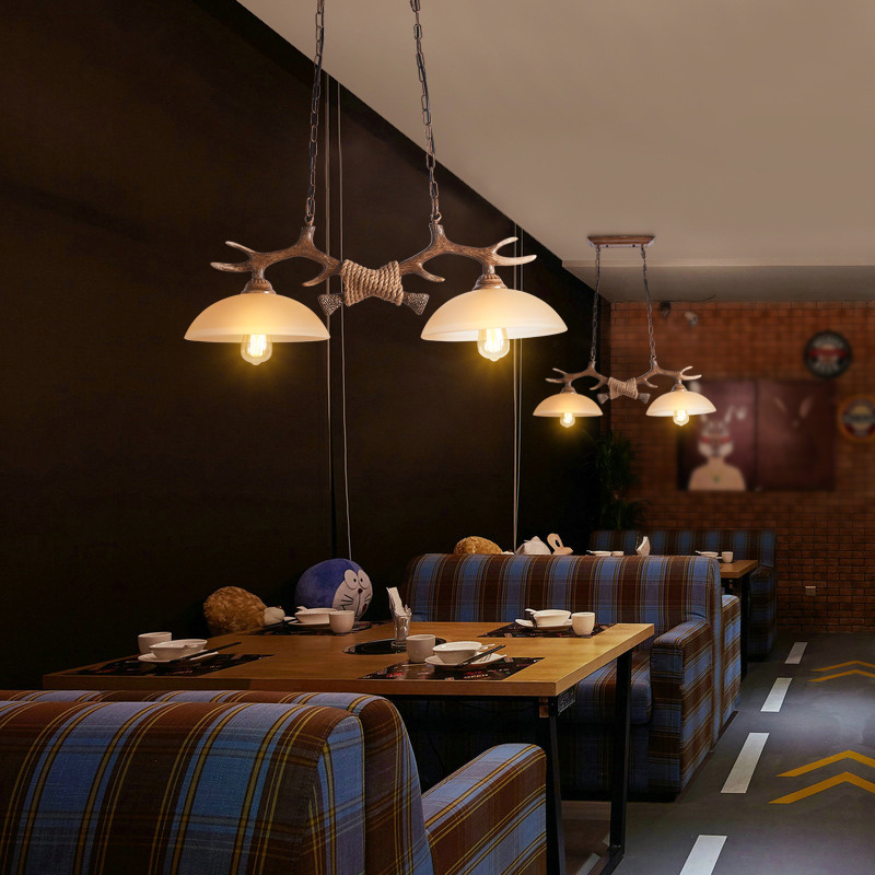复古风树脂鹿角吊灯2头玻璃灯罩餐厅灯酒吧咖啡厅西餐厅服装店灯
