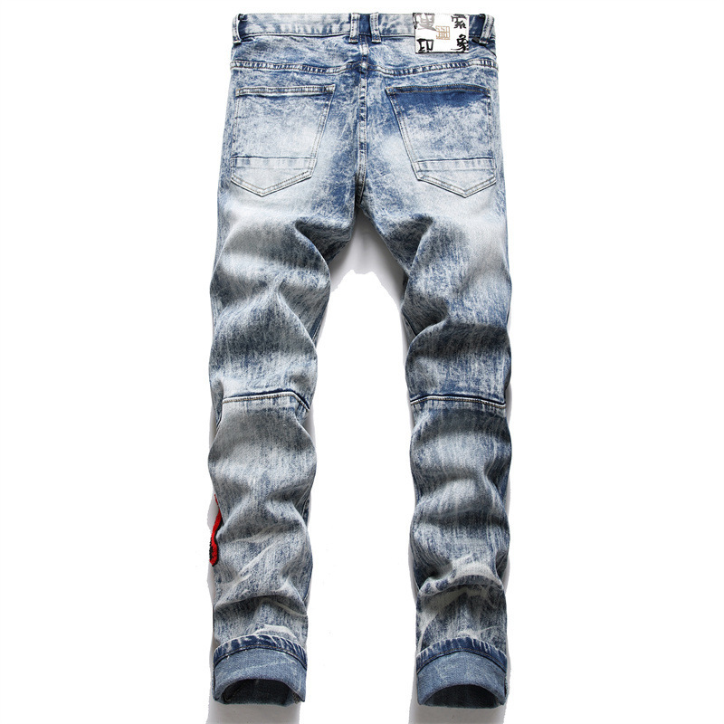   Foreign Trade Style Punk Trendy Vintage Blue Ripped Slim Stretch Feet Washed Printed Men's Jeans 3280