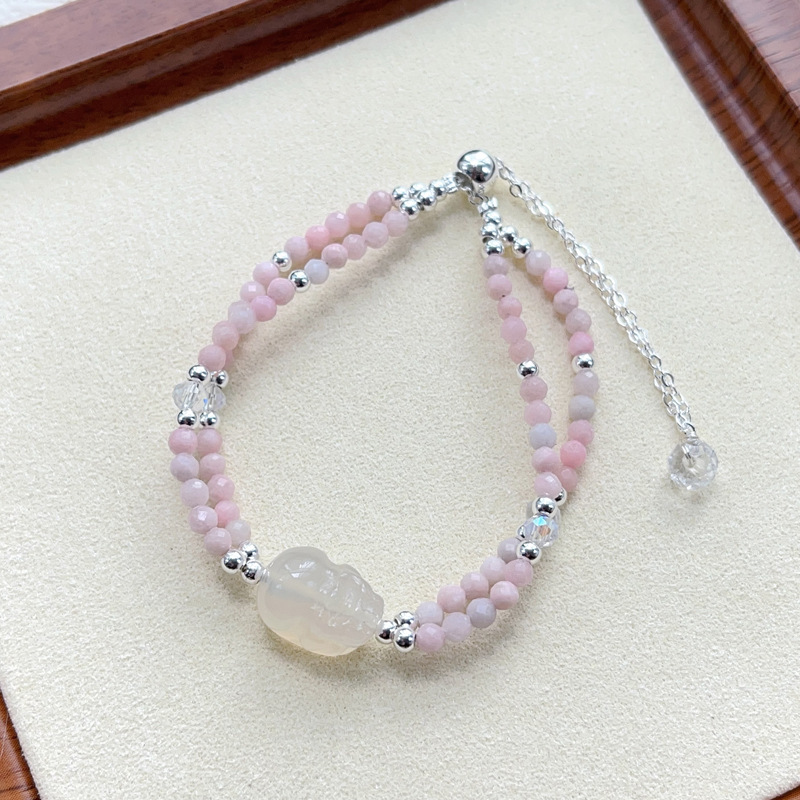 天然无优化 粉澳宝切面双圈 荔枝冻雕刻貔貅手链银色可调节手串