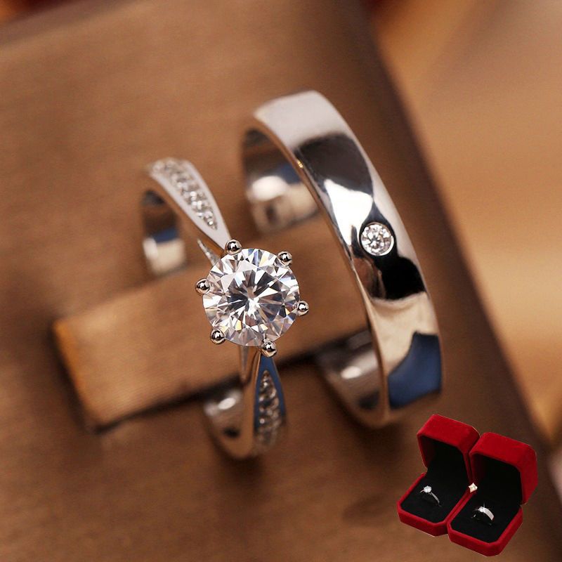 莫桑钻戒指感一克拉银色结婚对戒仪式感仿真婚礼求婚可调节对戒