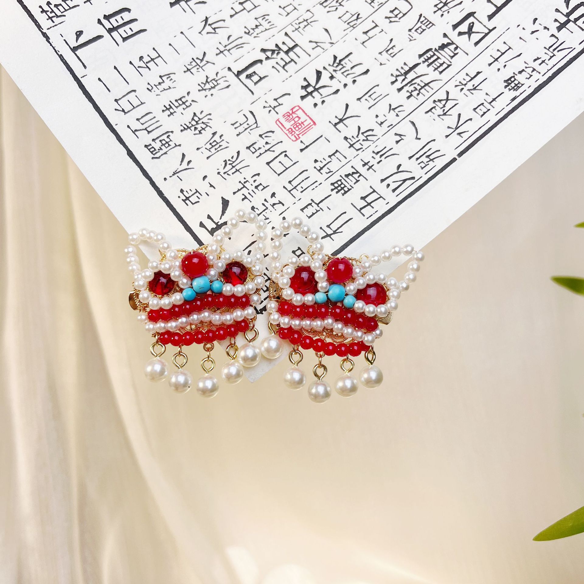 原创古风醒狮儿童发饰品女童汉服头饰中国风女孩铃铛夹子发夹发卡