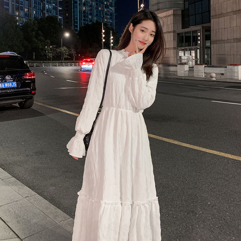 春秋季气质温柔风法式收腰白色连衣裙仙女长裙子内搭修身显瘦时尚