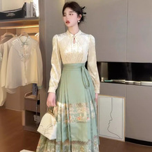 新中式改良上衣搭配面裙套装女2024新款春季日常汉服小个子绿色