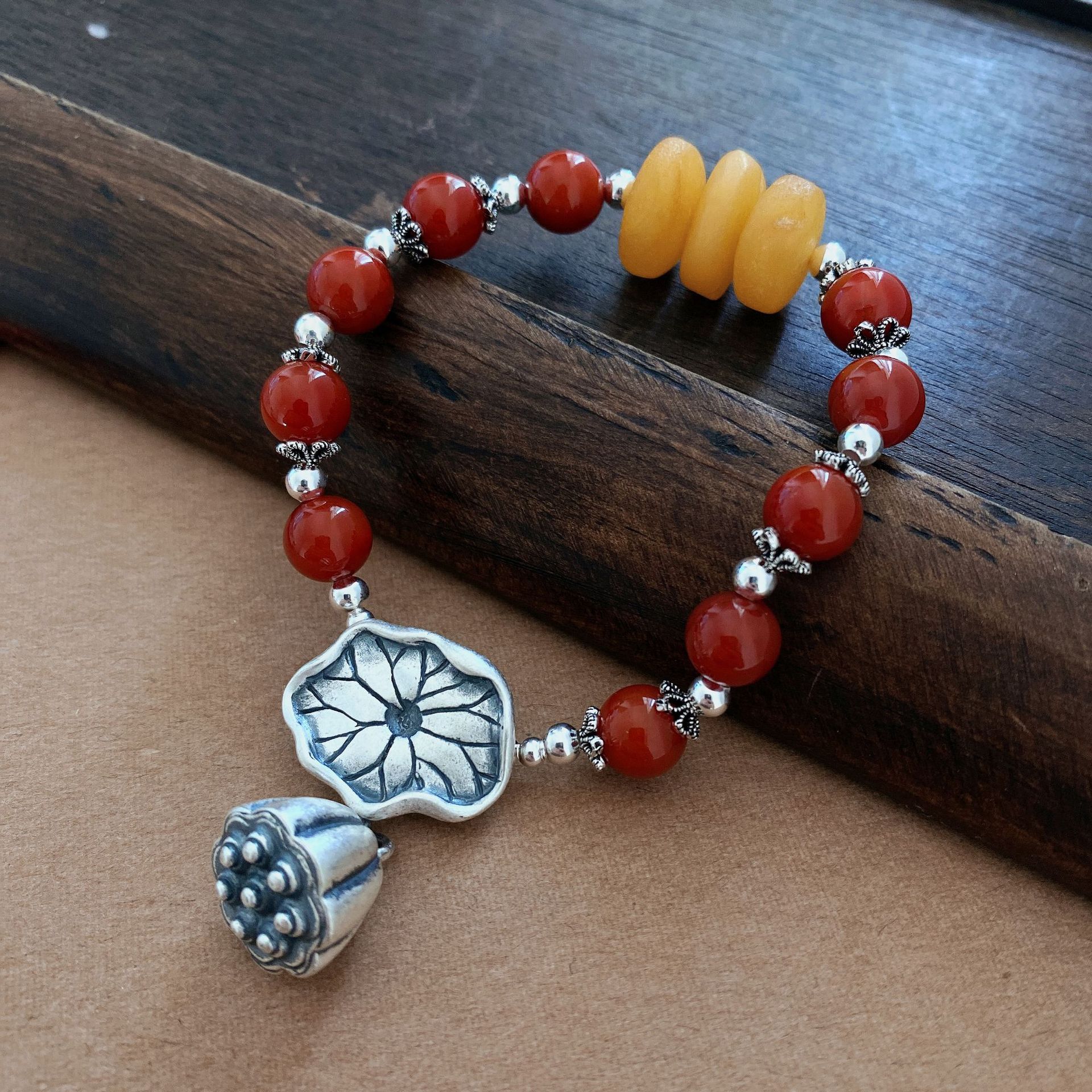 乾龙s925银饰品荷叶莲蓬手链创意设计手工diy莲子女士南红手串