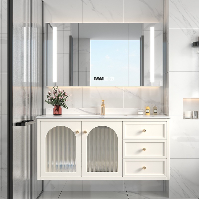 美式轻奢智能岩板实木浴室柜组合法式现代简约玻璃门卫生间洗漱台