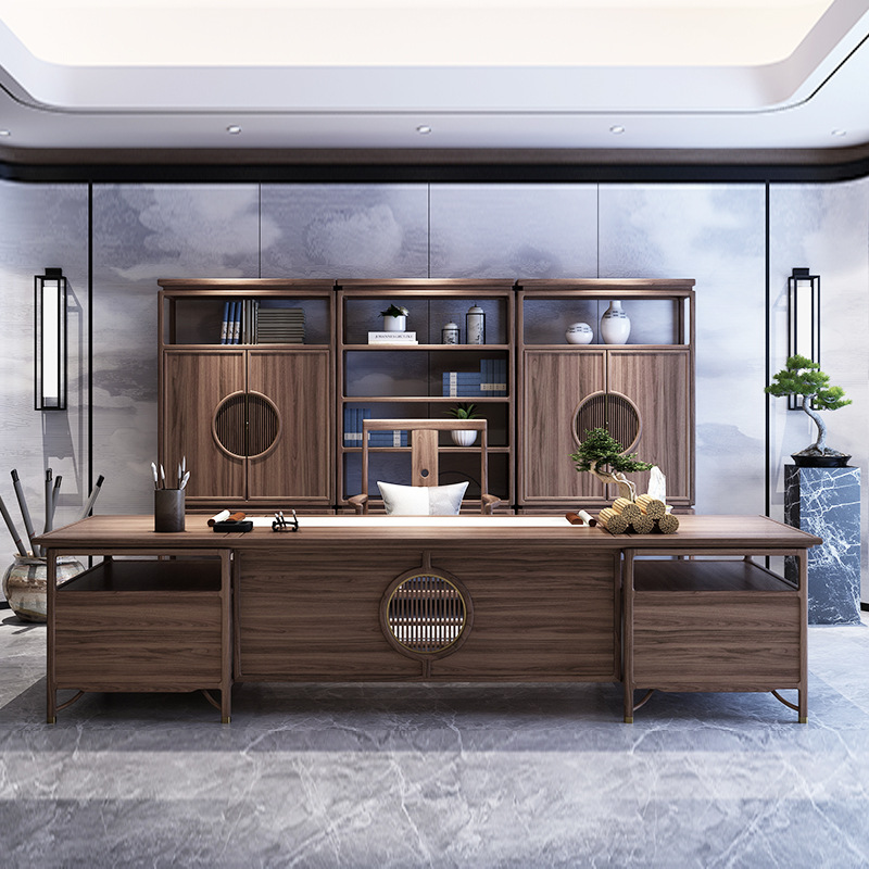 新中式老板桌办公桌柜子组合全实木董事长办公家具总裁高档大班台
