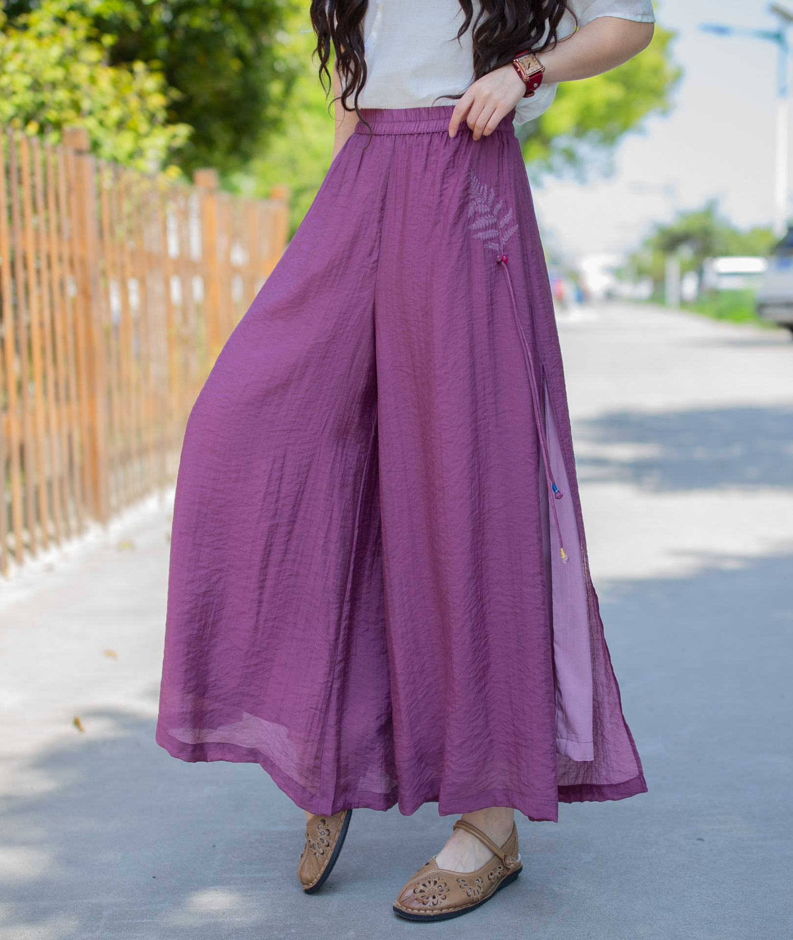 2022春夏季文艺九分裤刺绣宽松双层女式侧开衩阔腿裤21728