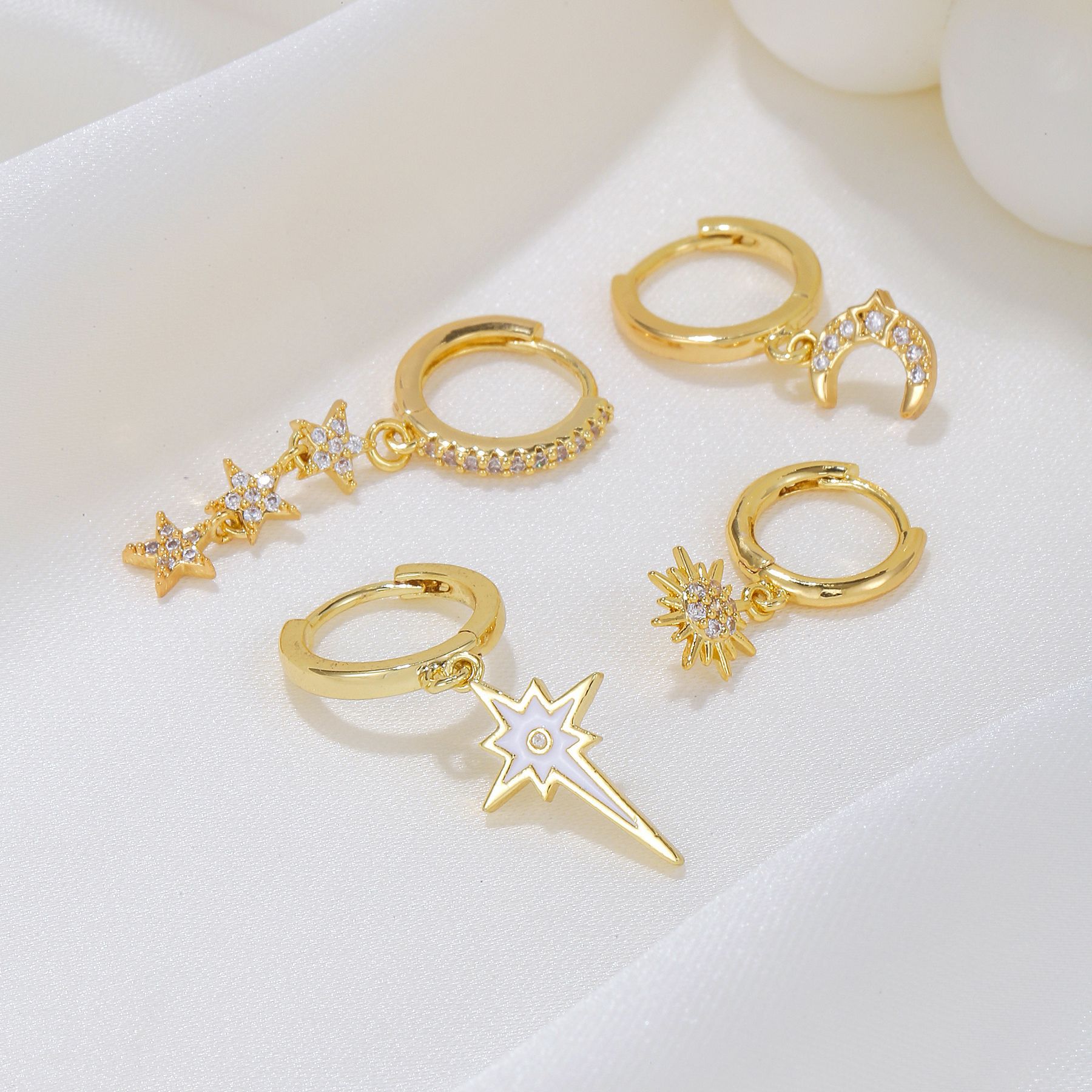 Cross-Border New Arrival Asymmetric Awn Star Moon Ear Clip Fashion Micro Inlaid Zircon Tassel Five-Pointed Star Set Earrings Earrings