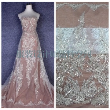 银色钉珠亮片刺绣花型婚纱礼服服装蕾丝面料连衣裙女装花边批发价