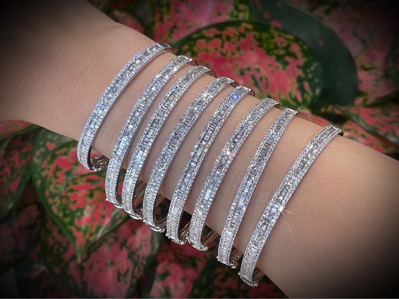 雅度珠宝 18k白金手镯 天然南非真钻手镯 梯方钻石手镯 工厂批发