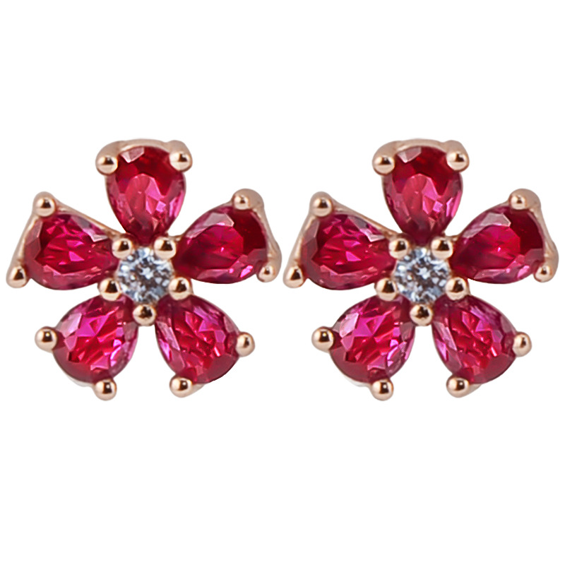 女生耳饰s925针大气网红锆石耳环源头工厂红宝石镶嵌高级花朵耳钉