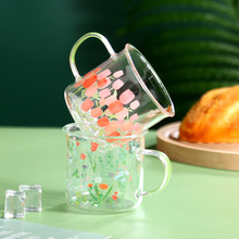 伴手礼ins风可爱玻璃杯带把女夏办公室水杯花朵耐热家用早餐杯子
