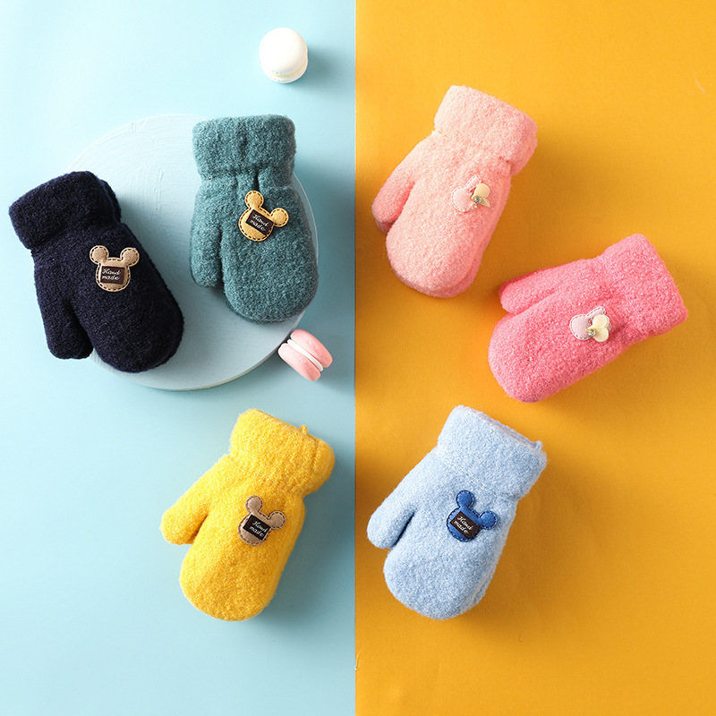 Baby Cartoon Bear Warm Gloves Little Girl Children Autumn and Winter Cute Fleece-Lined Thickened Gloves Finger Gloves