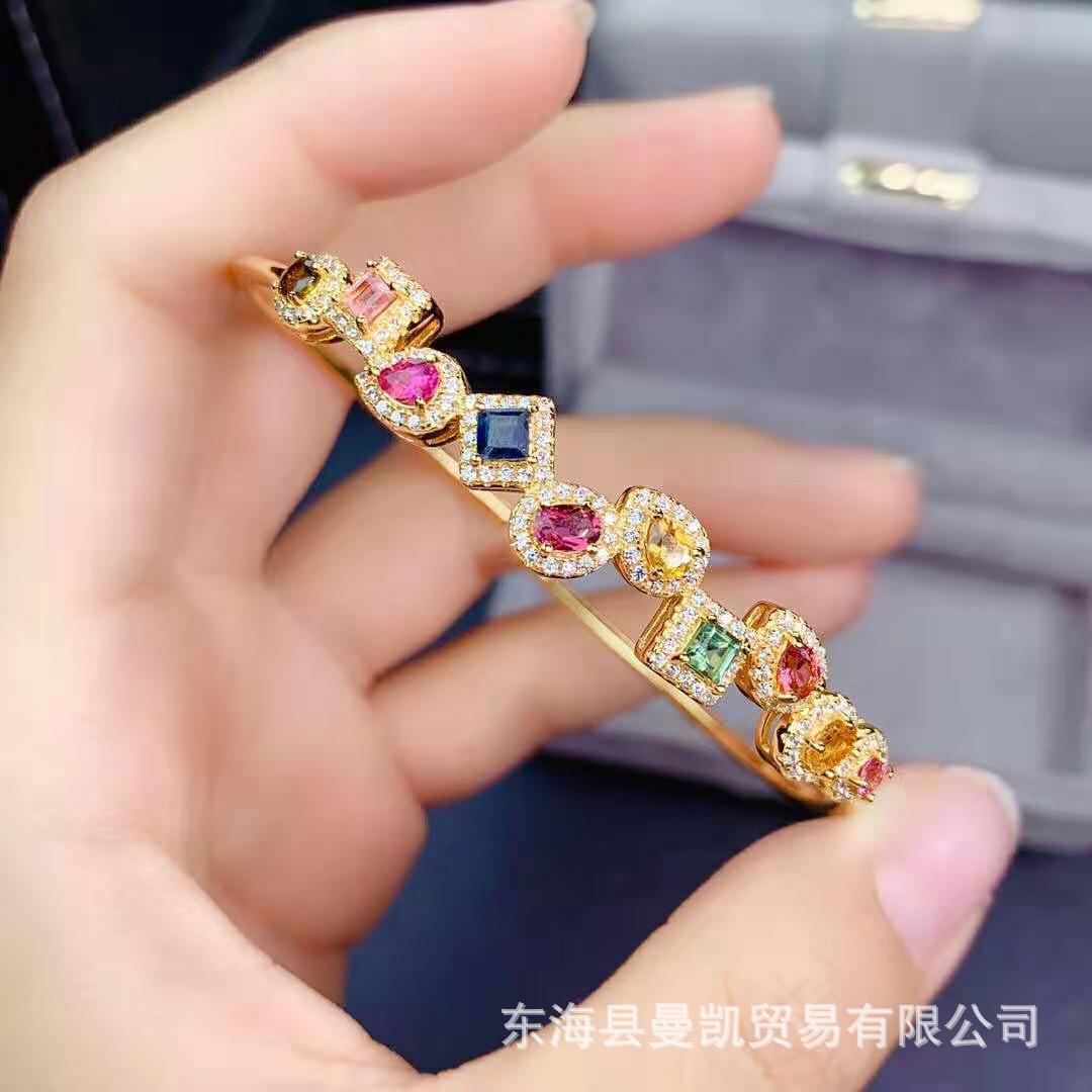 天然巴西碧玺手镯925银镀金镶嵌彩色宝石韩版时尚轻奢可调节女