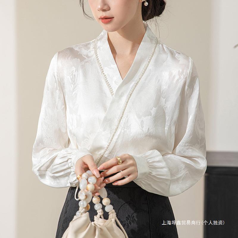 国风衬衫上衣女新中式提花珍珠新款交领改良汉服衬衣春秋白色带鑫