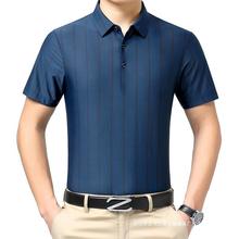 设计感大牌男装半袖竖条纹POLO衫夏新款高品质休闲真丝中年短袖t