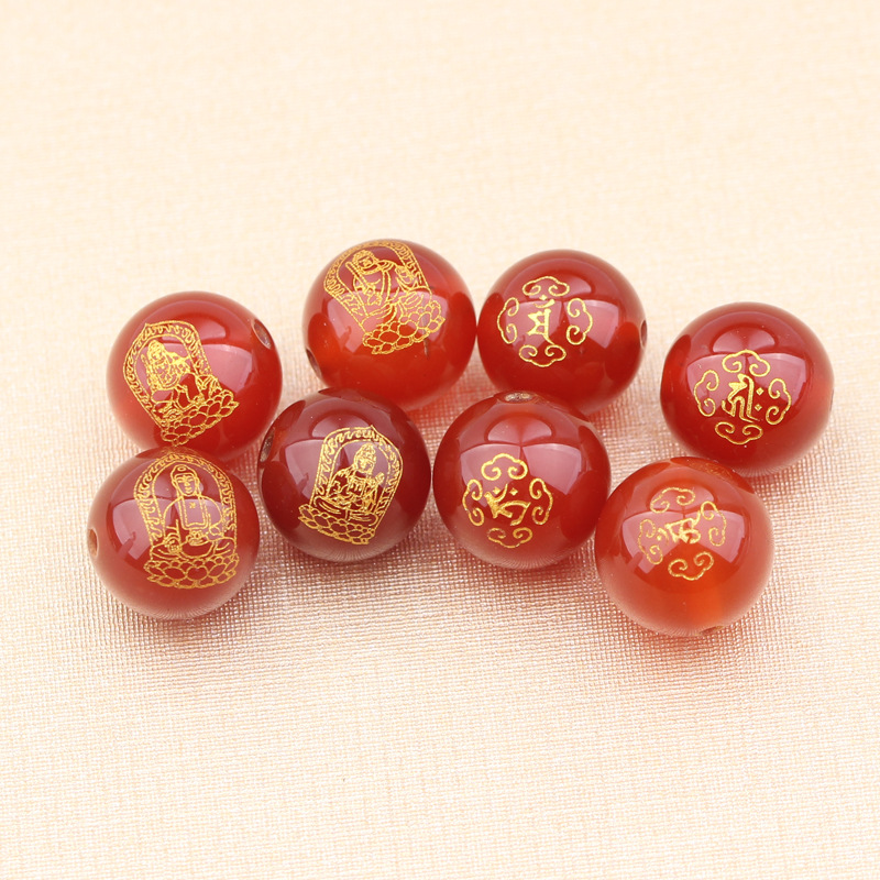 Red Agate Eight Patron Saints round Beads Black Agate Gilding Guardian round Beads Zodiac Natal Buddha Scattered Beads Wholesale