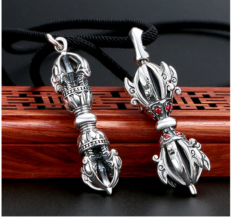 足银s990金刚杵吊坠男女纯银复古佛家降魔杵挂件个性霸气项链