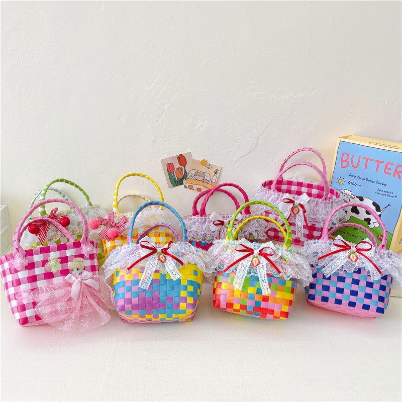 Children's Bags 2023 Summer Lace Bow Girls Shopping Basket Bag Fashionable Princess Woven Handbag Modeling Bag