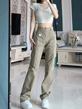 2023版型chao正窄版工装裤卡其色高腰显瘦直筒牛仔裤女高街vibe风