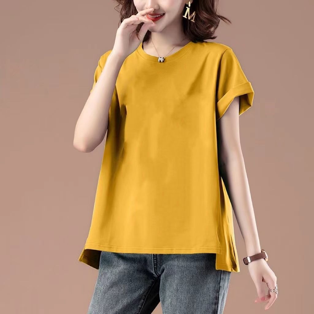夏季加大码女装宽松纯色短袖t恤40-50岁中年妈妈装半袖t恤小衫