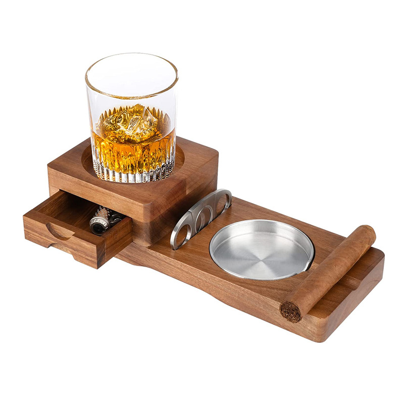 Cross-Border Wooden Ashtrays Coaster Whiskey Glass Tray and Wooden Ash Tray Cup Holder with Cigar Cutter