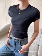 PINKEEN黑色圆领短袖T恤女夏季2024新款修身百搭时尚短款上衣