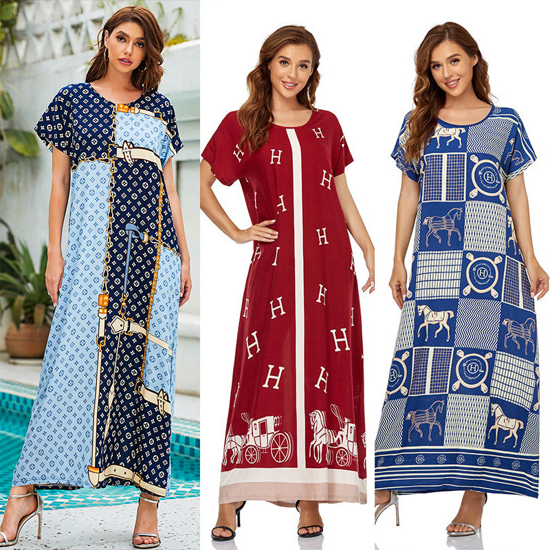 Muslim Women's Wear Dress Islamic Short Sleeve Maxi Dress Dubai plus Size Loose Big Hem Robe Cross-Border Women's Clothing