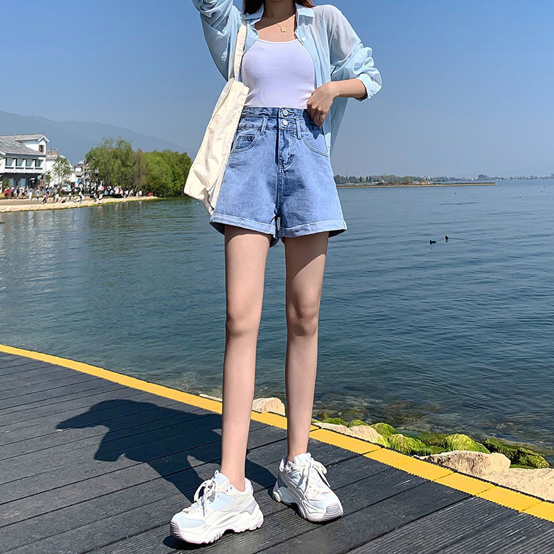 Denim Shorts Women's Summer Thin 2021 New High Waist Slimming A- line Wide Leg Curling Loose-Fitting Hot Pants Trendy Ins