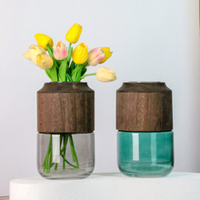 新中式简约北欧创意木头木罩玻璃花瓶彩色插花客厅摆件家居装饰品