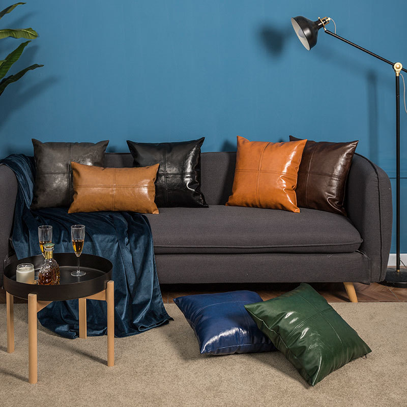 轻奢拼色油蜡皮抱枕沙发靠垫客厅抱枕皮靠垫抱枕皮沙发抱枕皮枕套