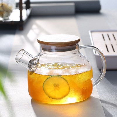 Large Capacity Transparent Glass Large and Small Flow Kettle Household Bamboo Steel Cover Juice Drink Pot Cold Boiled Water Four Seasons Pot