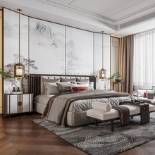 新中式床轻奢现代简约实木布艺别墅卧室大小户型双人床酒店样板房