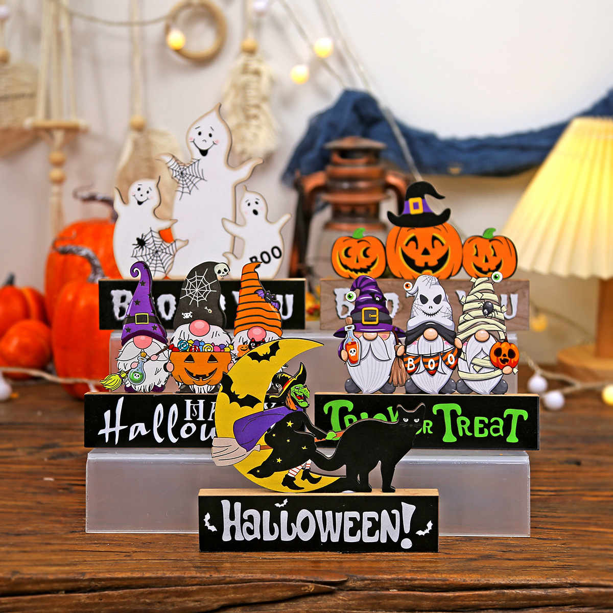 Halloween Scene Setting Props Pumpkin Ghost Wooden Ornament Ghost Festival Party Desktop Dress up Ornament Cross-Border