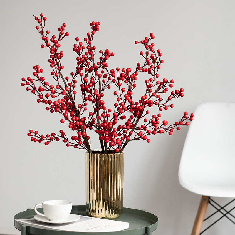 过年插花冬青红果发财果花客厅餐桌花装饰塑料干花