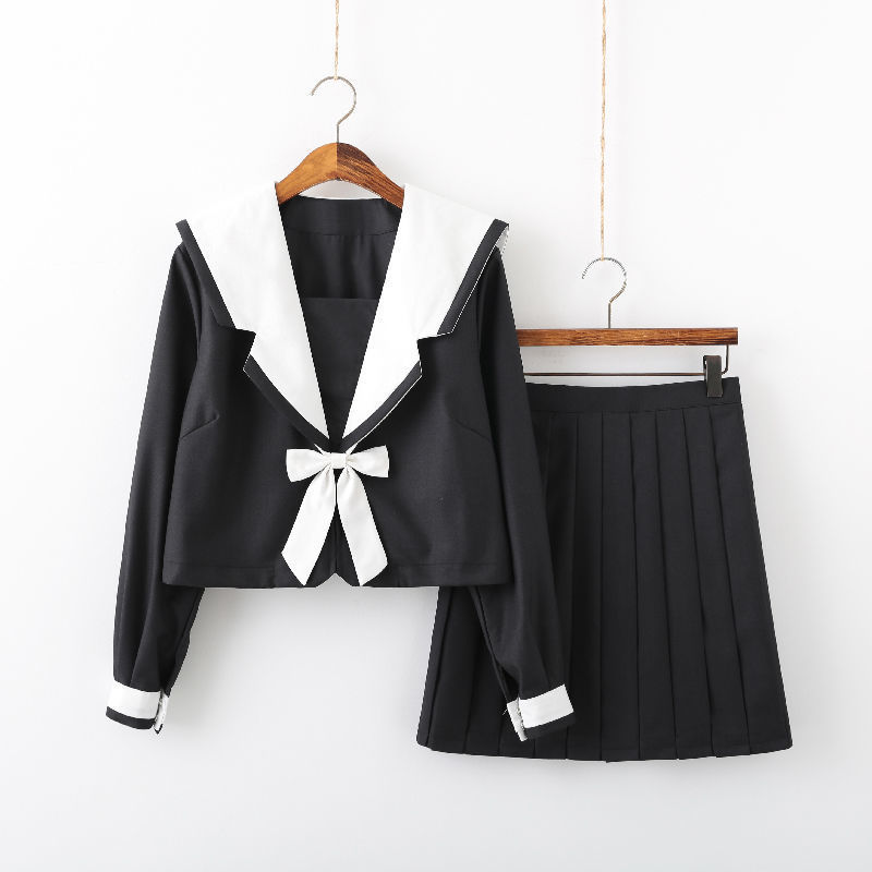 现货正统jk制服基础款黑身白领水手服日系学院不良感百褶裙套装