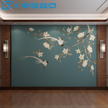 3d新中式玉兰花壁布电视背景墙客厅卧室沙发蓝色花鸟墙纸墙衣壁画