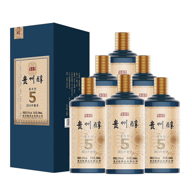 贵州醇5年真年份53度酱香型白酒纯粮食酒礼盒装套装坤沙酒 6瓶装