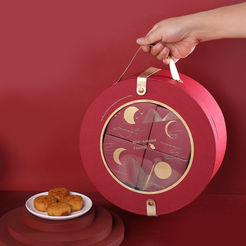 爆款中国风高档手提圆盒中秋月饼盒8粒烫金logo圆形包装礼品空盒