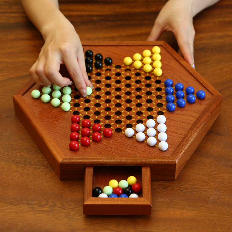 Checkers Glass Ball Children's Educational Wooden Two-in-One Chessboard Large Adult Version Parent-Child Hoodle Agate Beads Checkers