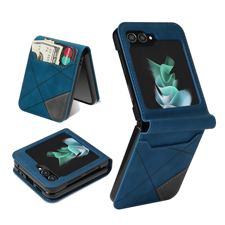 适用三星ZFlip5折叠手机壳拼接复古纹多卡翻盖皮套插卡后盖保护套
