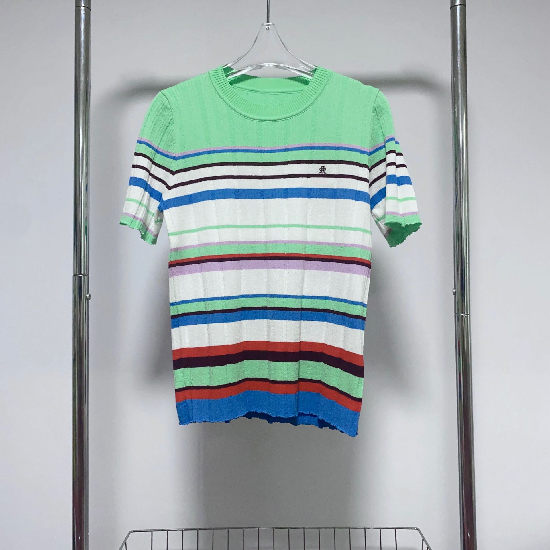 彩虹条纹短袖t恤女夏季24年新款真丝混纺圆领显瘦针织打底衫上衣