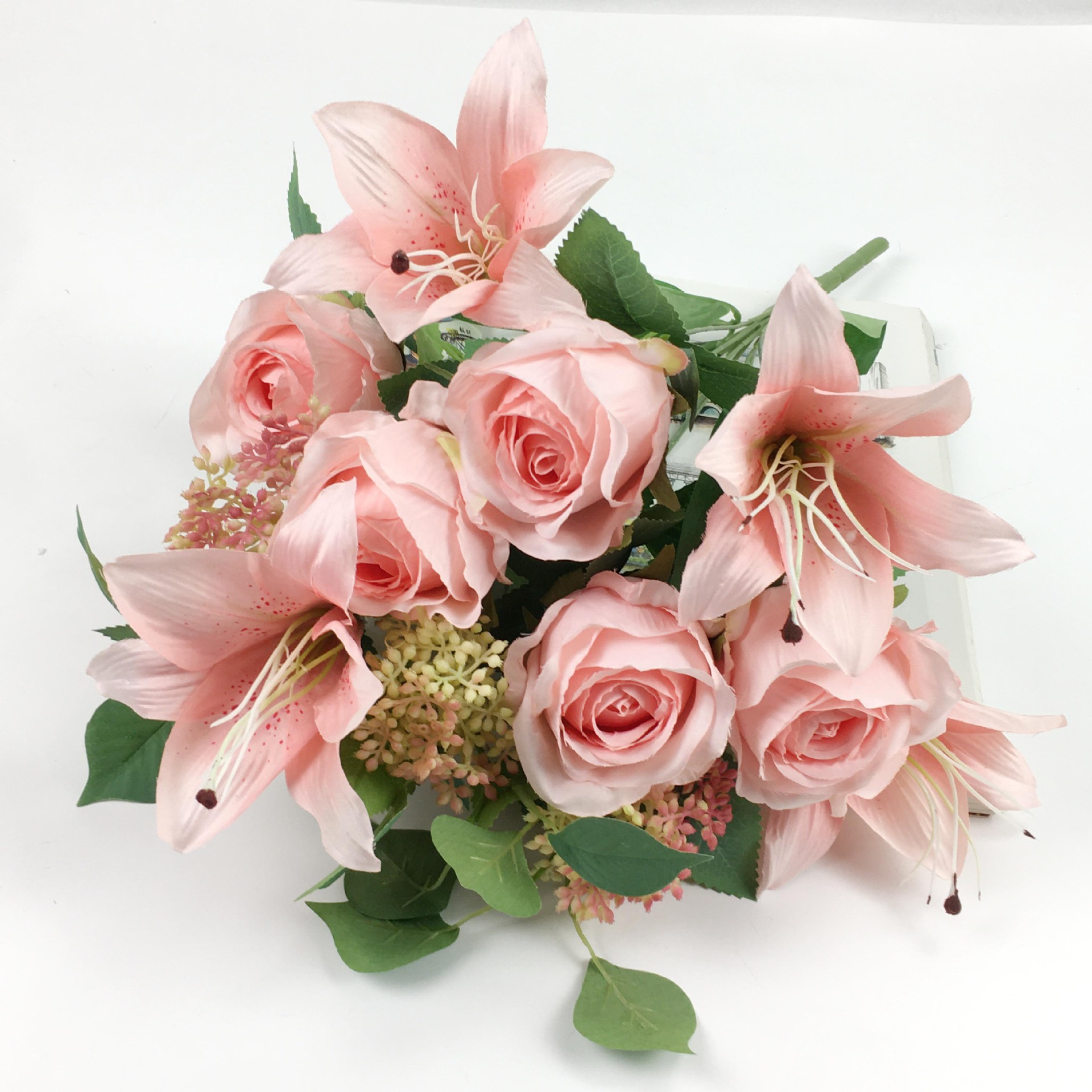 12头百合玫瑰 仿真花假花 婚礼路引插花婚庆家居摄影装饰