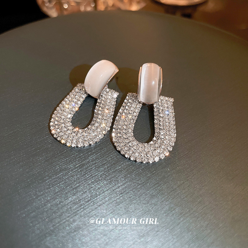 Silver Needle Opal Diamond U-Shaped Earrings Personalized Design High Sense Earrings Light Luxury Temperament New Earrings Wholesale