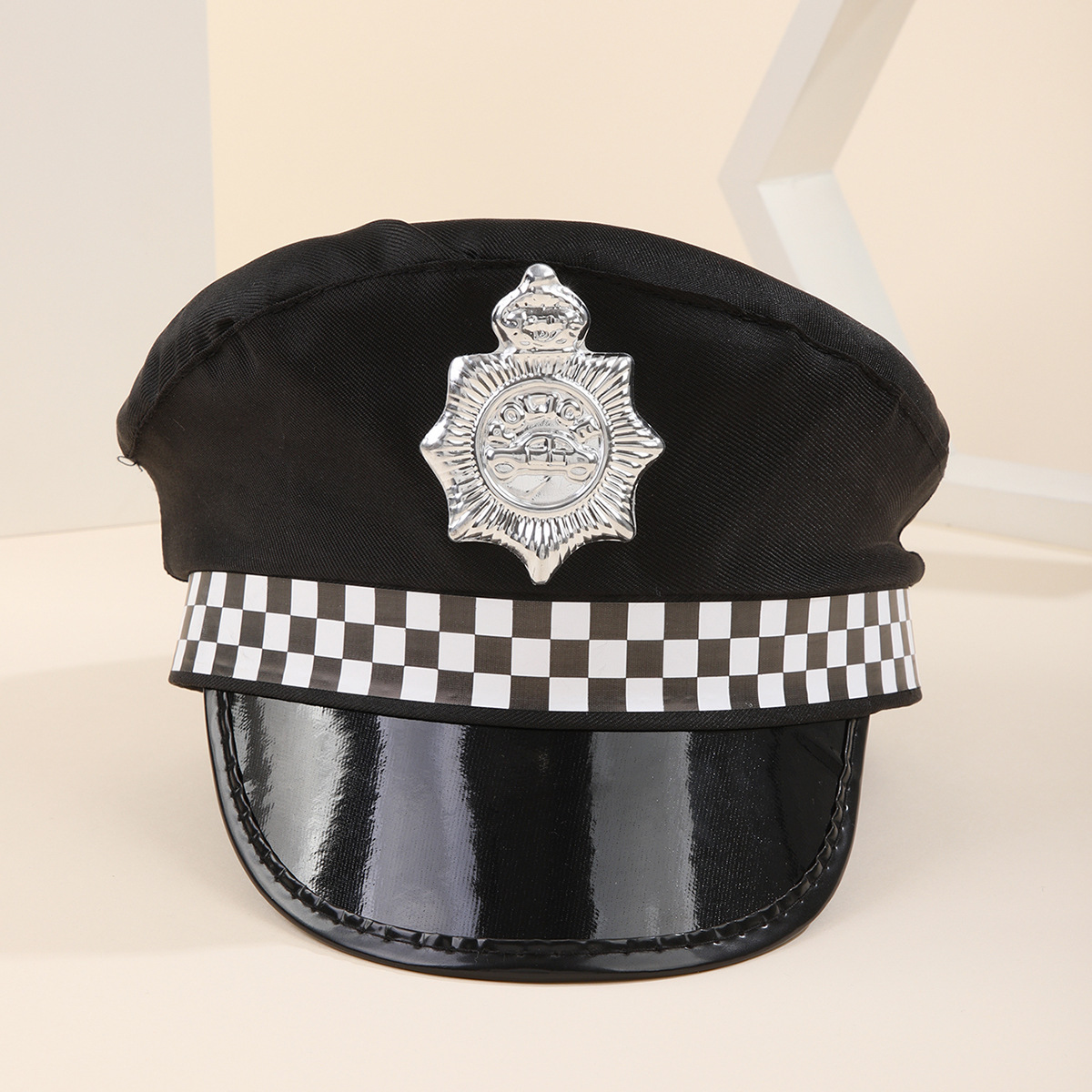 黑色方格警察帽成人男女情趣配饰制服帽派对表演外贸八角帽cos帽