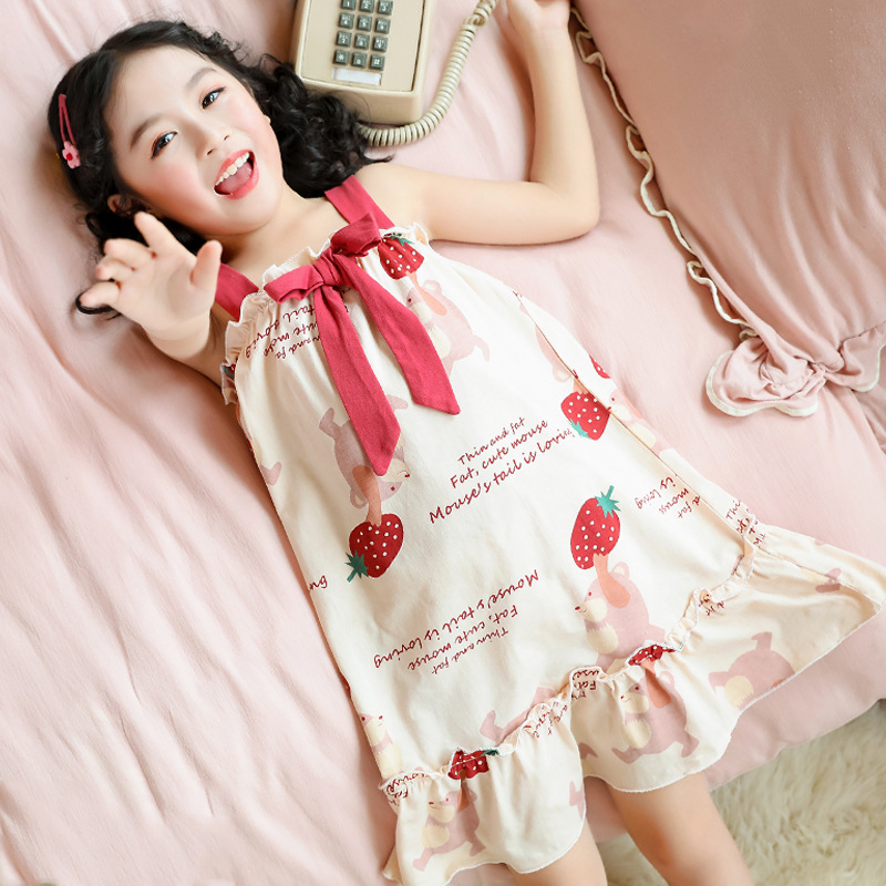 女童睡裙儿童睡衣夏季短袖纯棉女孩宝宝母女亲子家居服中大童薄款