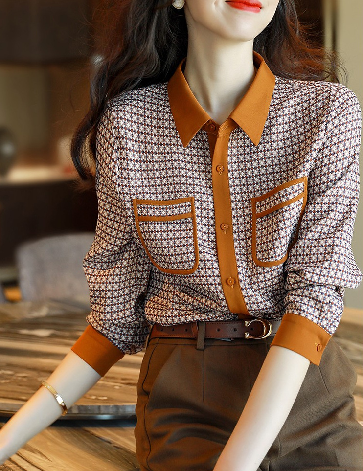 欧货2021春秋季新款千鸟格撞色复古衬衫时尚花呢翻领上衣女衬衣潮