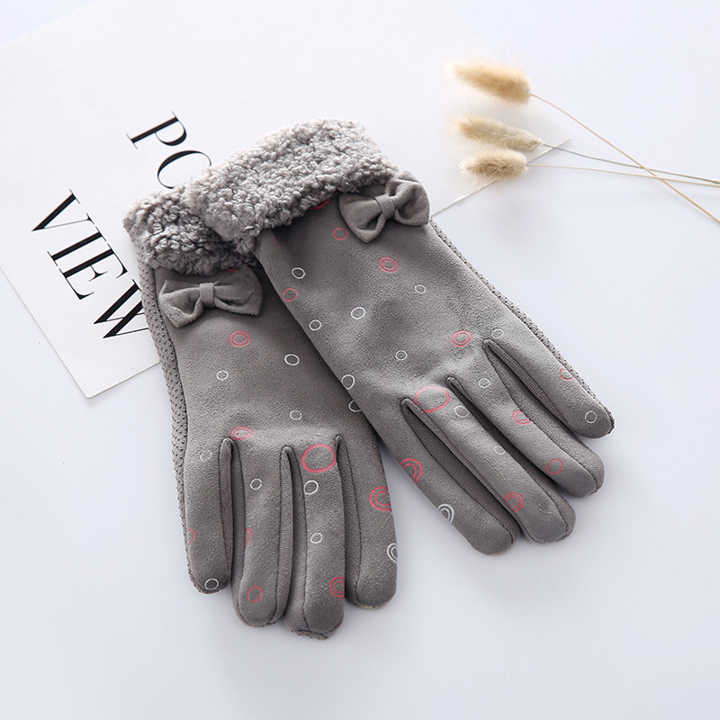 Colorful Printed Gloves Women's Suede Finger Gloves Bowknot Decorative Cloth Gloves Fleece Lined Winter Gloves