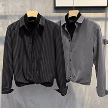 2022假两件毛衣拼接衬衣潮男复古条纹针织衬衫秋季修身韩版保暖