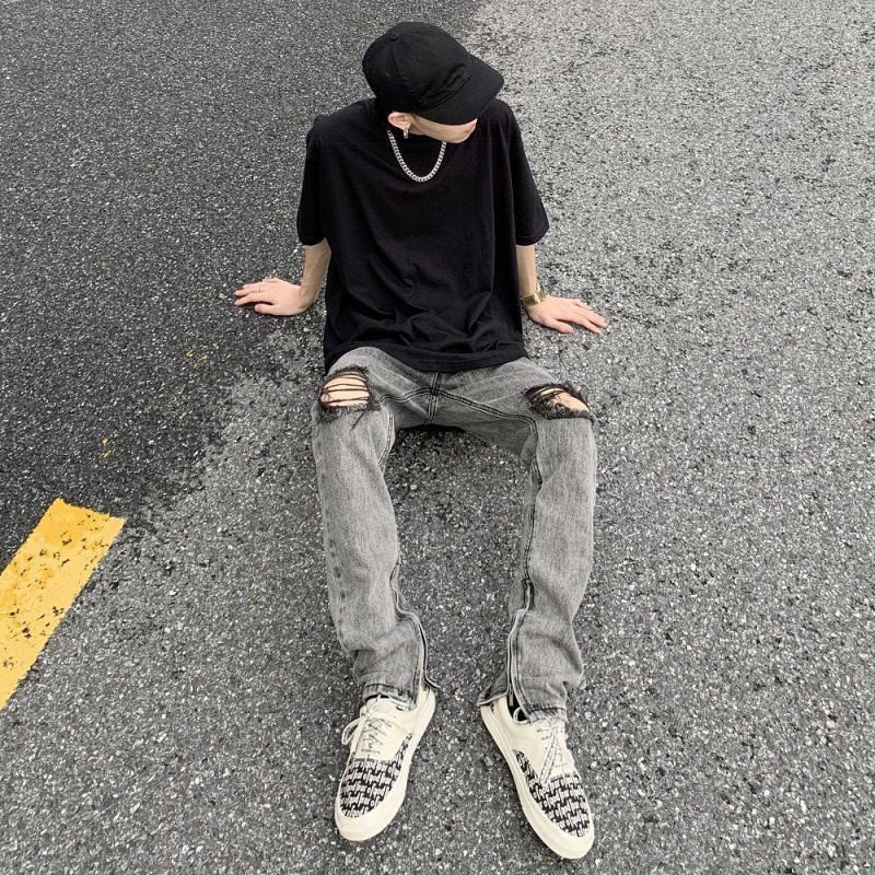 破洞牛仔裤fog风格高街长裤男韩版潮流ins修身百搭小脚裤子男女潮